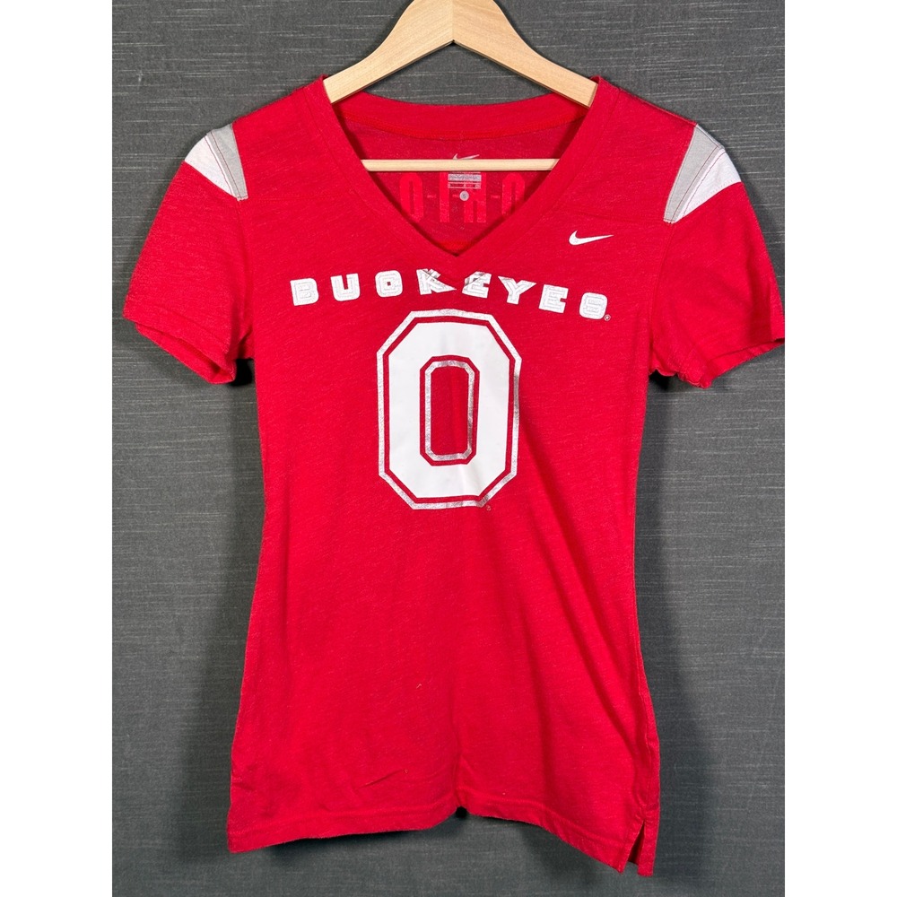 Nike Ohio State Buckeyes Red V-Neck T-Shirt Womens Small O-H-I-O 01 Graphic Tee